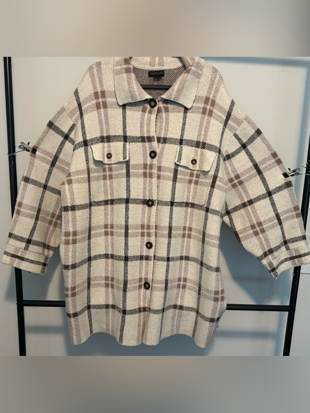 Cream Plaid Utility Shacket with Mauve and Black Checks - Picture 2 of 12
